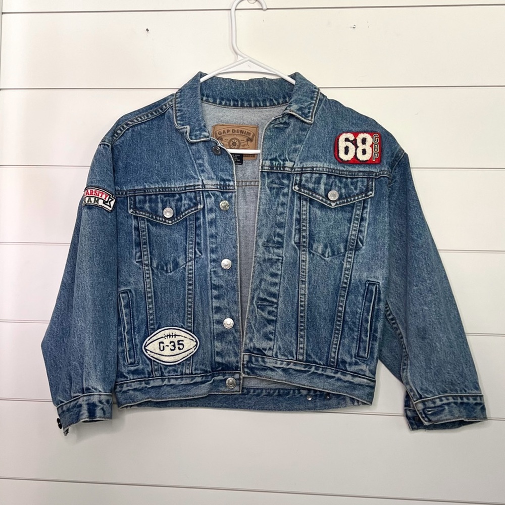 Gap | vintage denim jean babydoll moto jacket with sewn on varsity patches
